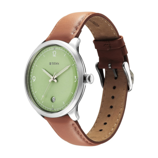 Titan Timeless Treasures Green Dial Tan Leather Strap Watch for Men - Image 2