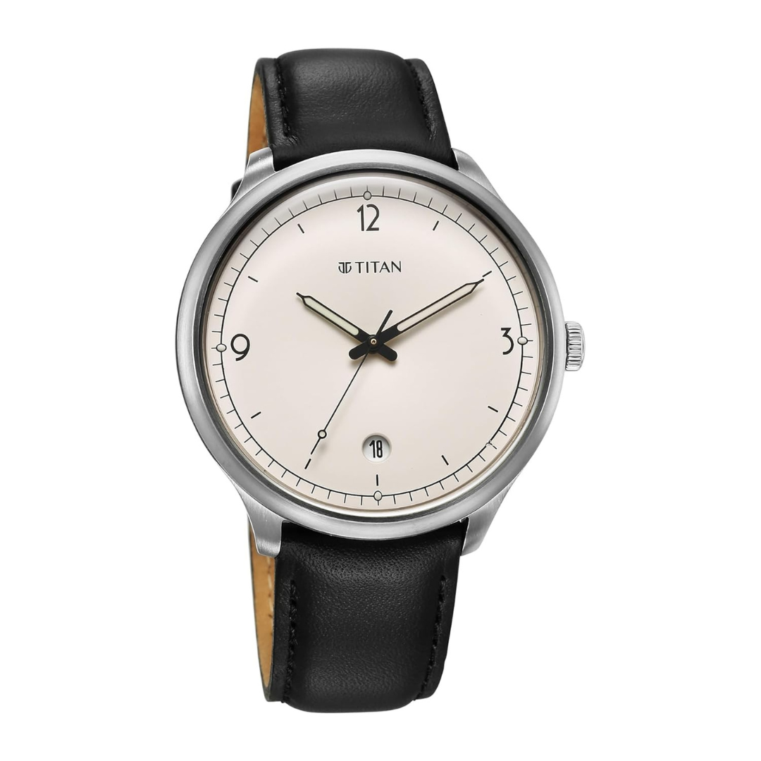 Titan Timeless Treasures Quartz Analog with Date White Dial With Black Color Leather Strap Watch For Men