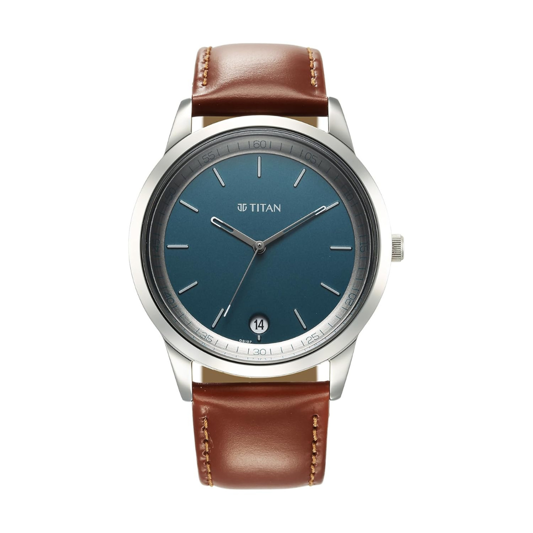 Titan Wrist Wit Quartz Analog with Date Blue Dial Leather Strap Watch for Men