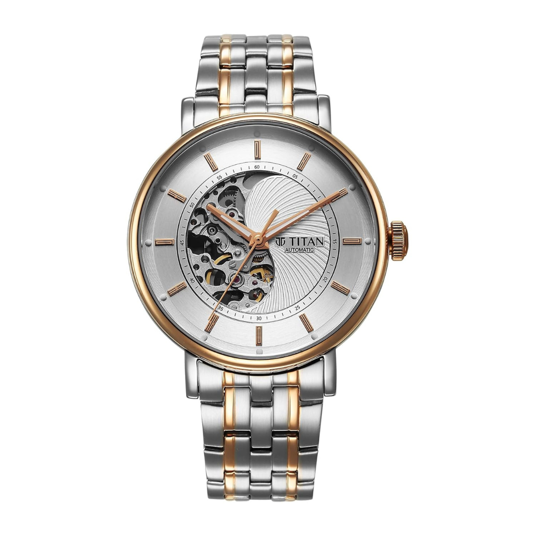 Titan Yin Yang Skeletal Automatic Analog with White Dial Silver and Rose Gold Stainless Steel Strap Watch for Men