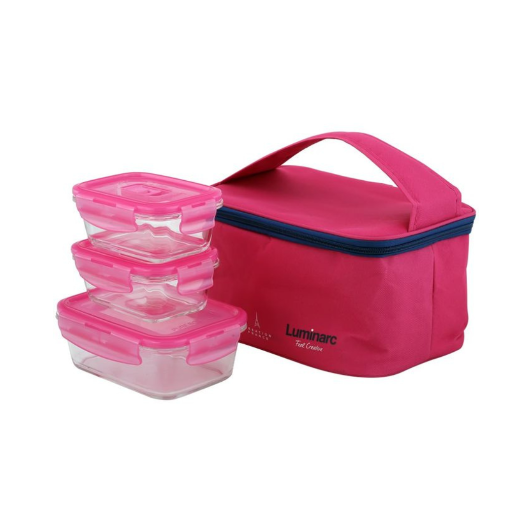 Luminarc Pure Box Rect 3Pc Set With Pink Lunch Bag P4498