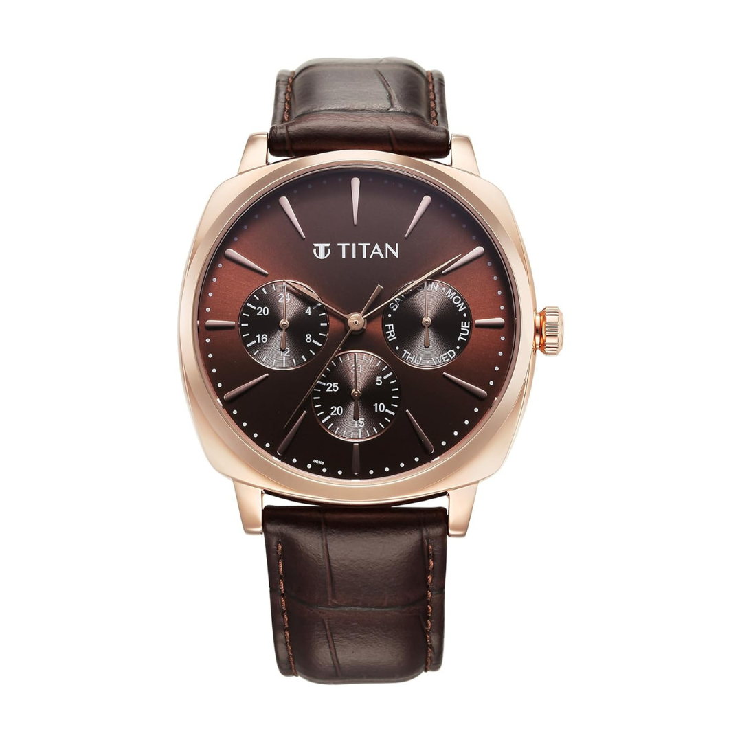 Titan Classique Suave Brown Dial Rose Gold Leather Strap Watch for Men